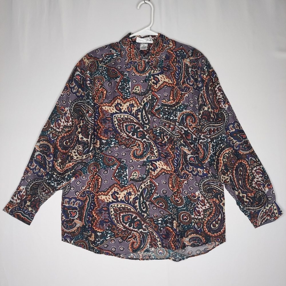 Vtg 90s Women Silk Button Shirt Medium Paisley Multicolor Susan Marsh